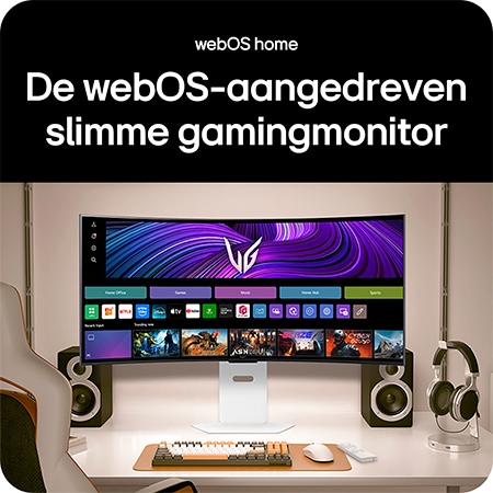 LG UltraGear Gaming Monitor 39GX90SA-W toont het webOS Home scherm met Smart TV-apps en afstandsbediening, de slimme gaming monitor.