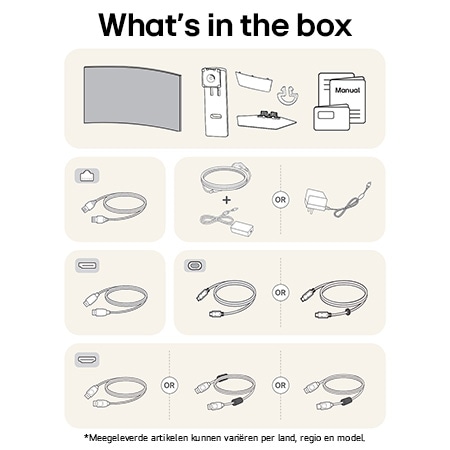 LG Monitor 39GX90SA toont een overzicht van alle meegeleverde onderdelen, inclusief monitorbehuizing, standaardonderdelen, handleiding, stroomadapter en USB-C-, DP- en HDMI-kabels.