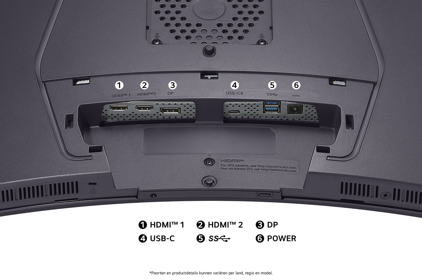 Achteraanzicht van de LG Monitor 45GX950A in een donkere uitvoering, toont de poortspecificaties met twee HDMI™-poorten, DP, USB-C en een USB-aansluiting.