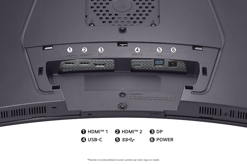 Achteraanzicht van de LG Monitor 45GX950A in een donkere uitvoering, toont de poortspecificaties met twee HDMI™-poorten, DP, USB-C en een USB-aansluiting.