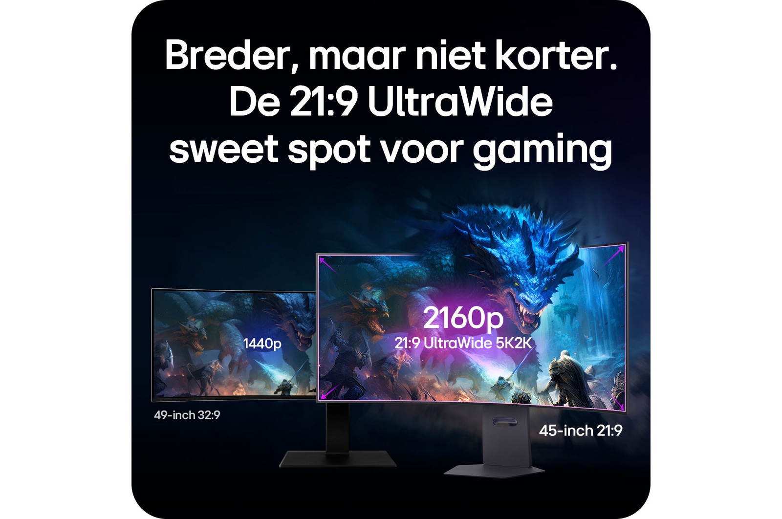 LG Monitor 45GX950A toont de 21:9 UltraWide 5K2K (5120x2160) gaming sweetspot, waarbij de visuele superioriteit ten opzichte van een 32:9 monitor wordt gedemonstreerd.