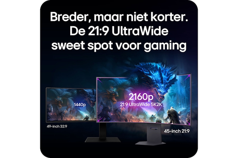 LG Monitor 45GX950A toont de 21:9 UltraWide 5K2K (5120x2160) gaming sweetspot, waarbij de visuele superioriteit ten opzichte van een 32:9 monitor wordt gedemonstreerd.