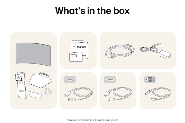 LG Monitor 45GX950A toont een overzicht van alle meegeleverde onderdelen, inclusief monitorbehuizing, standaardonderdelen, handleiding, stroomadapter en HDMI-, DP- en USB-C-kabels.