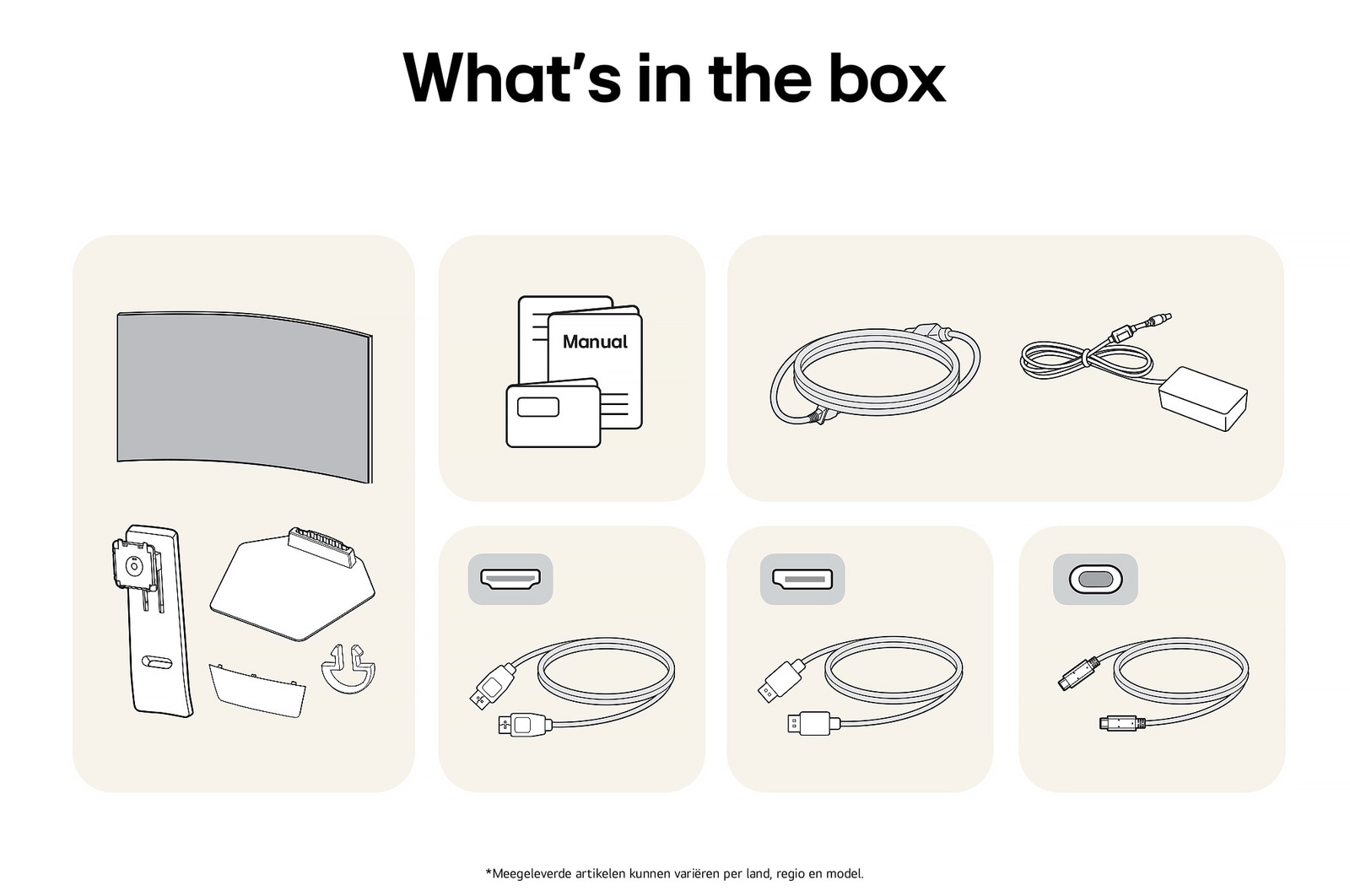 LG Monitor 45GX950A toont een overzicht van alle meegeleverde onderdelen, inclusief monitorbehuizing, standaardonderdelen, handleiding, stroomadapter en HDMI-, DP- en USB-C-kabels.