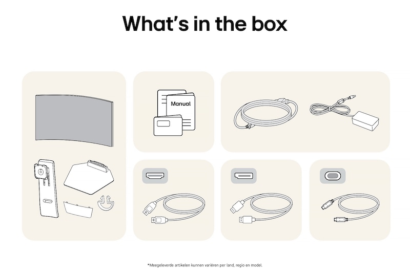 LG Monitor 45GX950A toont een overzicht van alle meegeleverde onderdelen, inclusief monitorbehuizing, standaardonderdelen, handleiding, stroomadapter en HDMI-, DP- en USB-C-kabels.