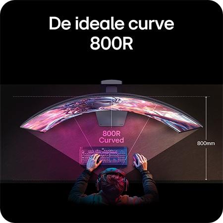 LG Monitor 45GX950A demonstreert de ideale 800R-kromming, die het gezichtsveld van de gebruiker omvat en maximale onderdompeling voor gaming biedt.