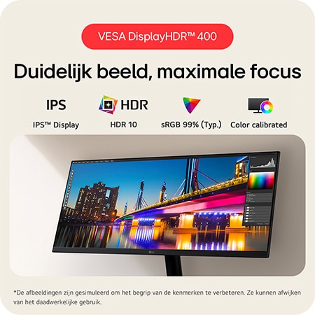 LG Monitor 29U511A toont gedetailleerd contrast dankzij HDR 10, IPS™-scherm en sRGB 99% (Typ.) kleurdekking.