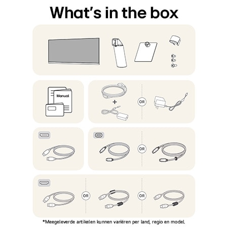 LG Monitor 29U511A toont een overzicht van alle meegeleverde onderdelen, inclusief de monitorbehuizing, standaardonderdelen, handleiding en HDMI-, DP- en USB-C-kabels.