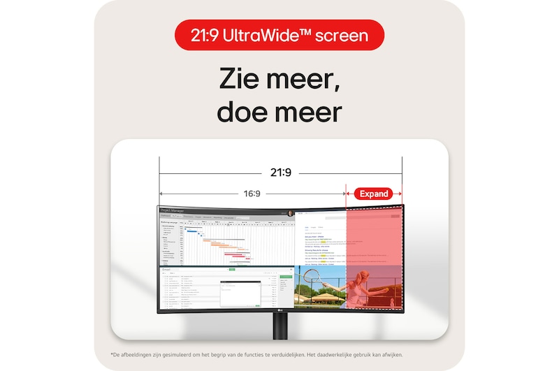 LG UltraWide Monitor 34WR55QK toont het 21:9 UltraWide™ scherm, dat een uitgebreide werkruimte voor multitasking biedt in vergelijking met 16:9.