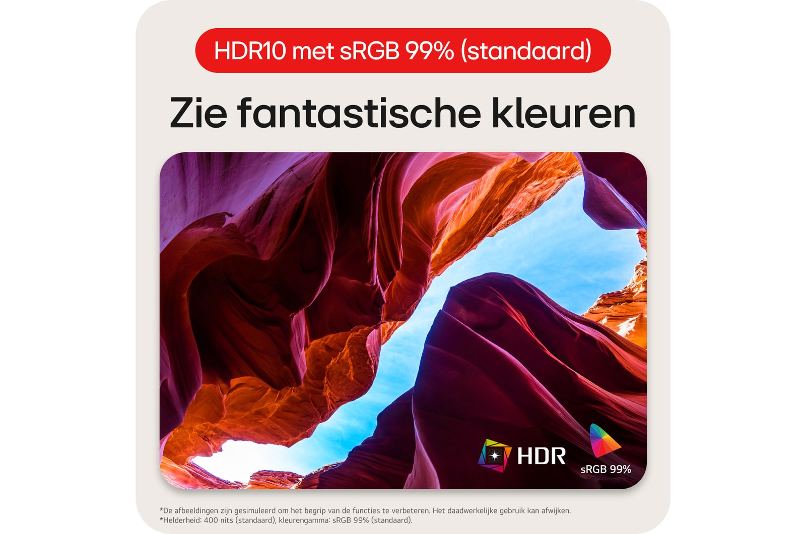LG UltraWide Monitor 34WR55QK met HDR10 en sRGB 99% kleurruimte, toont verbazingwekkende en levendige kleuren.