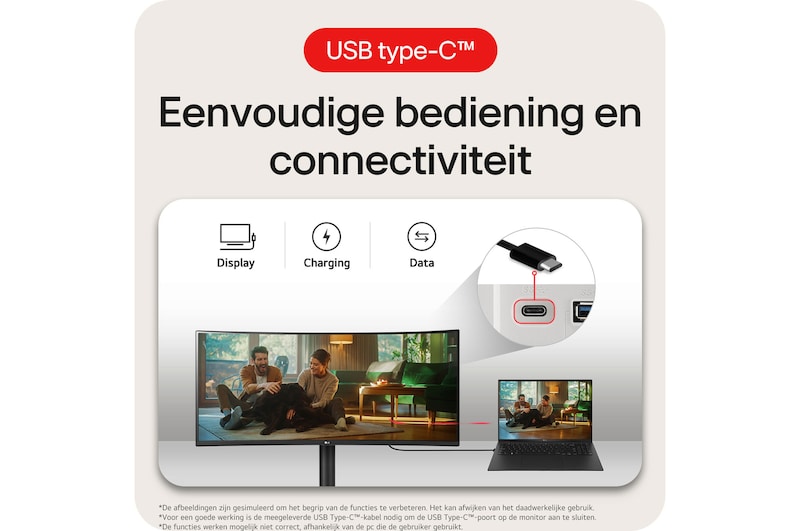 LG UltraWide Monitor 34WR55QK-B toont eenvoudige connectiviteit: USB Type-C poort levert display, opladen (Charging) en data via één kabel.