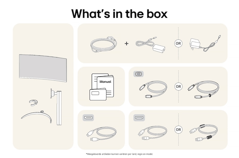 LG UltraWide Monitor 34WR55QK toont een overzicht van alle meegeleverde onderdelen in de doos, inclusief monitor, standaard, handleiding en USB-C-, HDMI- en DP-kabels.