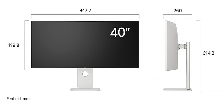 LG UltraFine Monitor 40U990A in witte afwerking toont productafmetingen, met een meting van 947,7 mm breedte, 419,8 mm displayhoogte, 614,3 mm totale hoogte en 260 mm diepte.