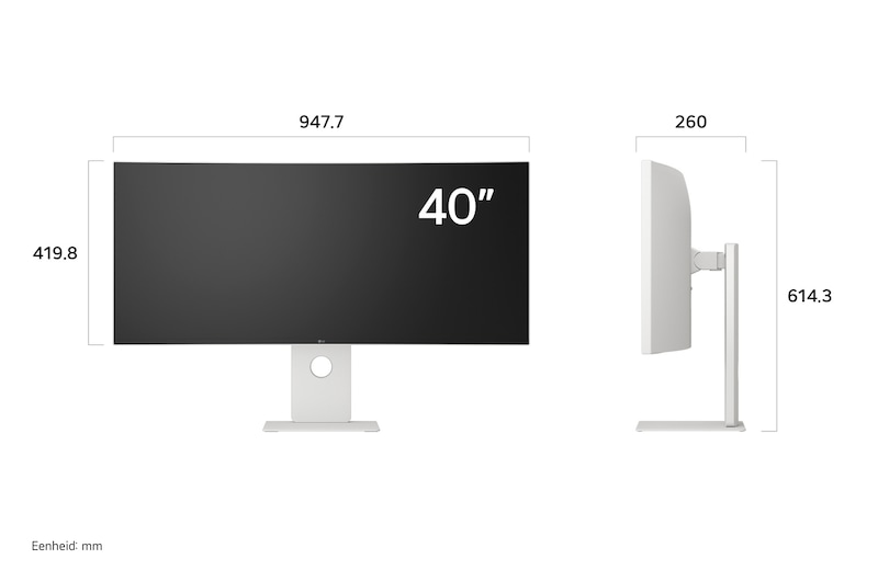 LG UltraFine Monitor 40U990A in witte afwerking toont productafmetingen, met een meting van 947,7 mm breedte, 419,8 mm displayhoogte, 614,3 mm totale hoogte en 260 mm diepte.