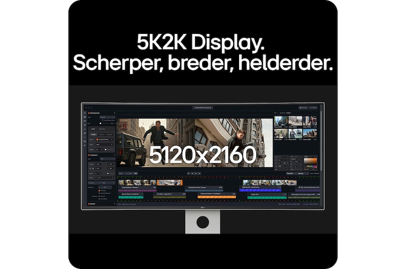 De LG UltraFine Monitor 40U990A, met 5K2K (5120x2160) UltraFine resolutie, biedt een scherpere, bredere werkruimte voor professionele videobewerking.