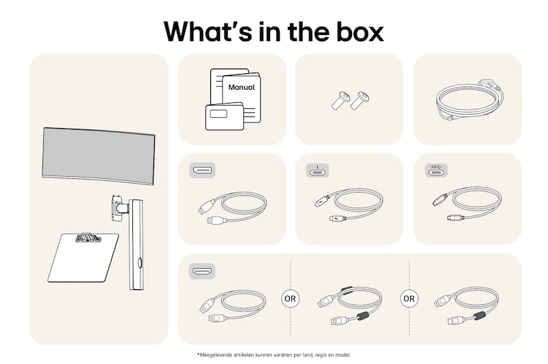 LG UltraFine Monitor 40U990A toont een overzicht van alle meegeleverde onderdelen, inclusief monitor, standaard, handleiding en Thunderbolt-, USB-C-, HDMI- en DP-kabels.
