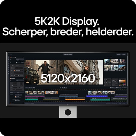 De LG UltraFine Monitor 40U990A, met 5K2K (5120x2160) UltraFine resolutie, biedt een scherpere, bredere werkruimte voor professionele videobewerking.