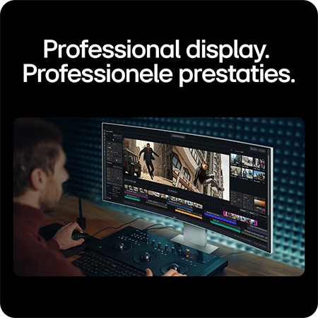 De LG UltraFine Monitor 40U990A, met 5K2K resolutie, wordt door een professional gebruikt met een kleurcorrectiepaneel voor geavanceerde videobewerking.
