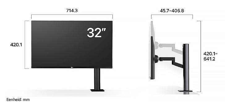 LG Monitor 32UN880K in een donkere uitvoering toont productafmetingen inclusief de Ergo-standaard, met een meting van 714.3 mm breedte, 420.1 mm displayhoogte, 420.1~641.2 mm hoogtebereik en 45.7~406.8 mm dieptebereik.