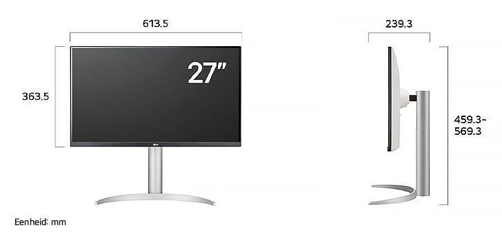 LG Monitor 27UP650K in een witte/zilveren uitvoering toont productafmetingen van het 27-inch scherm, met een meting van 613.5 mm breedte, 363.5 mm displayhoogte, 459.3~569.3 mm totale hoogte en 239.3 mm diepte.