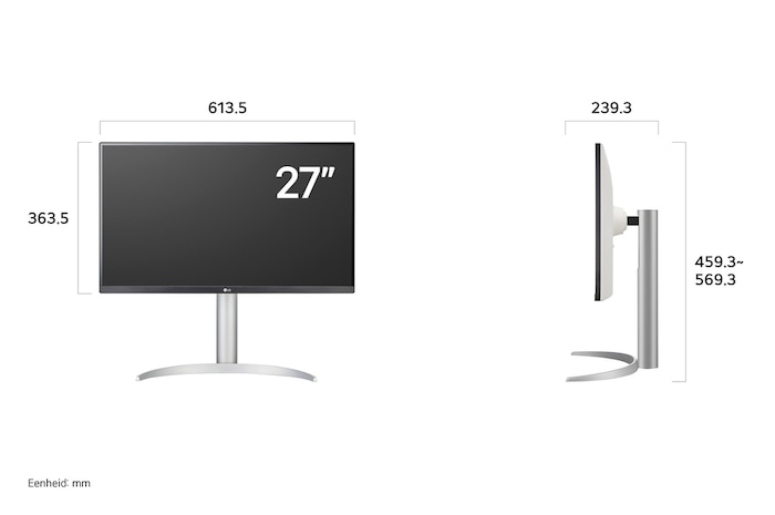 LG Monitor 27UP850K in een witte/zilveren uitvoering toont productafmetingen van het 27-inch scherm, met een meting van 613.5 mm breedte, 363.5 mm displayhoogte, 459.3~569.3 mm totale hoogte en 239.3 mm diepte.