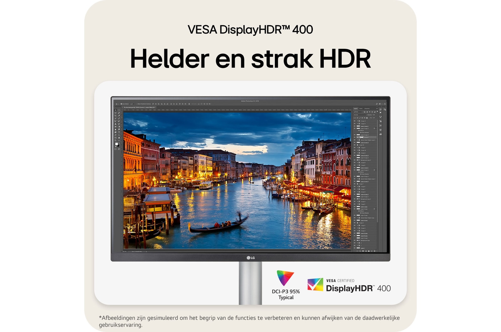 LG Monitor 27UP850K levert helder en fel HDR met VESA DisplayHDR™ 400 certificering en 95% DCI-P3 kleurengamma voor nauwkeurige fotobewerking.