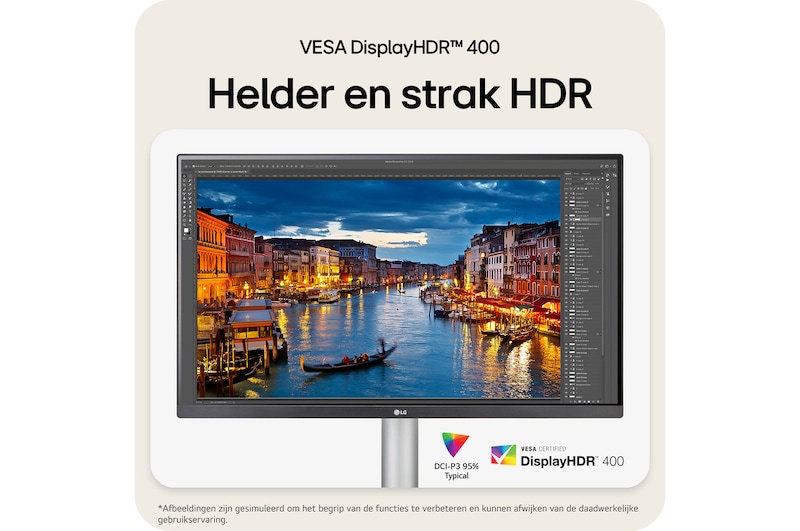 LG Monitor 27UP850K levert helder en fel HDR met VESA DisplayHDR™ 400 certificering en 95% DCI-P3 kleurengamma voor nauwkeurige fotobewerking.