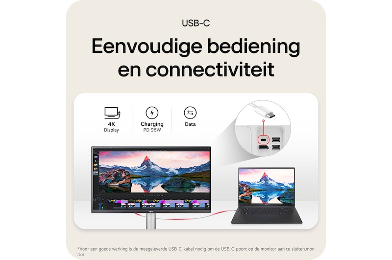 LG Monitor 27UP850K toont de probleemloze USB-C-connectiviteit, die 4K-weergave, gegevens en 96W stroomlevering via één kabel ondersteunt.