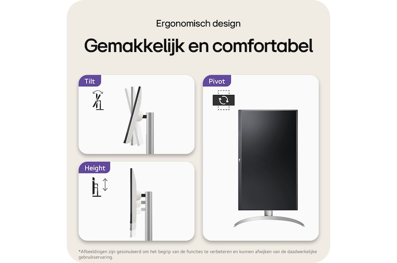 LG Monitor 27UP850K toont het ergonomische ontwerp met functies zoals Kantelen (Tilt), Zwenken (Pivot) en Hoogteverstelling voor eenvoudig en comfortabel gebruik.