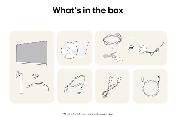 LG Monitor 27UP850K toont een overzicht van alle meegeleverde onderdelen, inclusief monitorbehuizing, standaardonderdelen, handleiding, stroomadapter en HDMI-, DP- en USB-C-kabels.