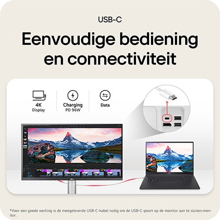 LG Monitor 27UP850K toont de probleemloze USB-C-connectiviteit, die 4K-weergave, gegevens en 96W stroomlevering via één kabel ondersteunt.