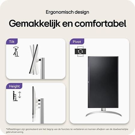 LG Monitor 27UP850K toont het ergonomische ontwerp met functies zoals Kantelen (Tilt), Zwenken (Pivot) en Hoogteverstelling voor eenvoudig en comfortabel gebruik.