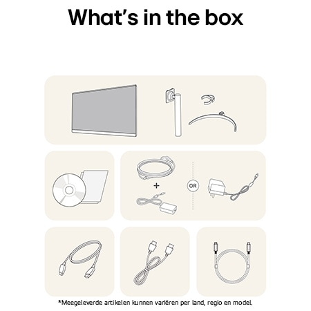 LG Monitor 27UP850K toont een overzicht van alle meegeleverde onderdelen, inclusief monitorbehuizing, standaardonderdelen, handleiding, stroomadapter en HDMI-, DP- en USB-C-kabels.