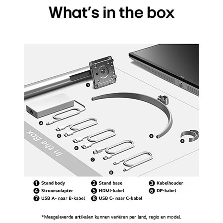 LG Monitor 27UQ850V toont een overzicht van alle meegeleverde onderdelen, inclusief monitor, standaard, handleiding, USB-C-, DP-, HDMI- en USB A-B-kabels.