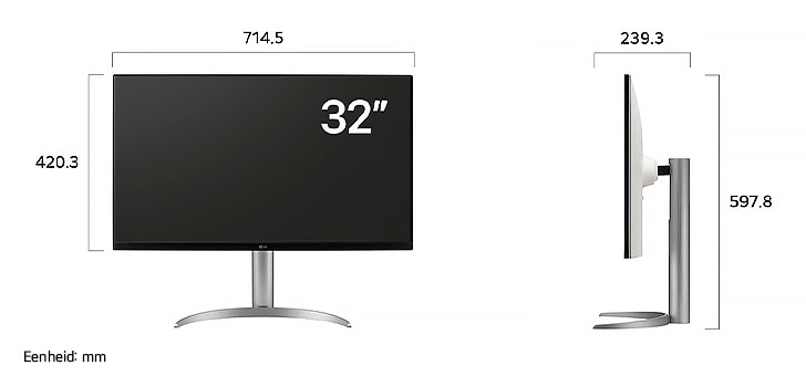 LG Monitor 32UQ850V-W toont productafmetingen, met een meting van 714.5 mm breedte, 420.3 mm displayhoogte, 597.8 mm totale hoogte en 239,3 mm diepte.