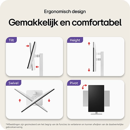 LG Monitor 27US550 toont het ergonomische ontwerp met functies zoals Kantelen (Tilt), Hoogteverstelling, Draaien (Swivel) en Pivot voor eenvoudig en comfortabel gebruik.