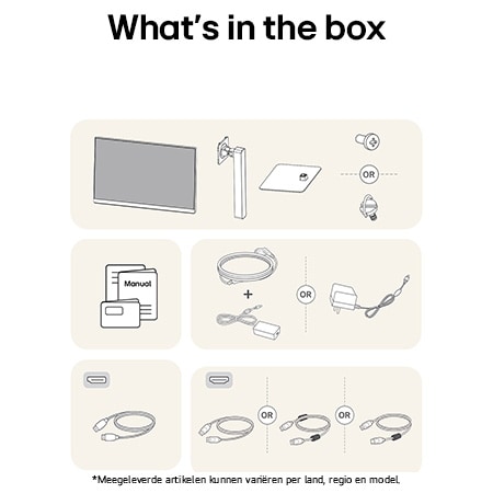 LG Monitor 27US550 toont een overzicht van alle meegeleverde onderdelen, inclusief monitorbehuizing, standaardonderdelen, handleiding, stroomadapter en HDMI- en DP-kabels.