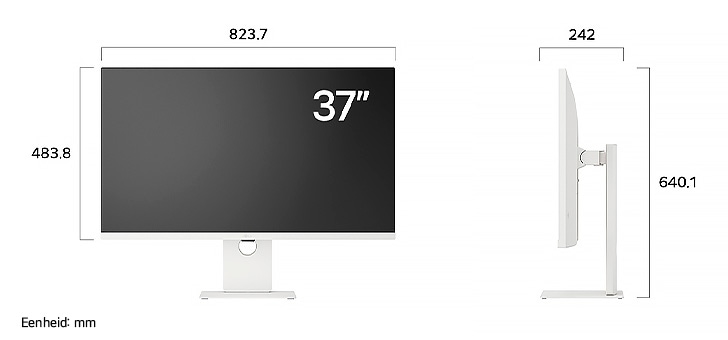 LG UltraFine Display 37U730SA in een witte uitvoering toont productafmetingen in voor- en zijprofiel, met een meting van 823.7 mm breedte, 483.8 mm displayhoogte, 640.1 mm totale hoogte en 242 mm diepte.