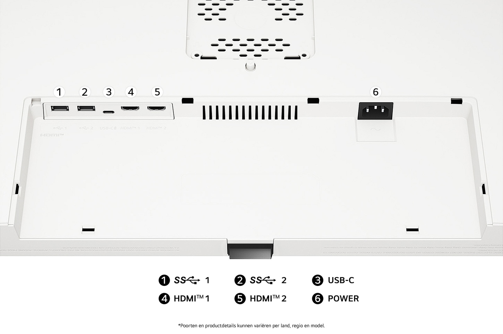 Achteraanzicht van de LG UltraFine Display 37U730SA in een witte uitvoering, toont de poortspecificaties met twee HDMI™-poorten, twee USB-IN-poorten, een USB-C-poort en de DC-IN stroomingang.