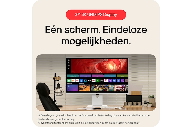 LG Monitor 37U730SA toont het 37-inch 4K UHD-scherm met Smart TV-functionaliteit, dat eindeloze mogelijkheden biedt voor entertainment en werk.
