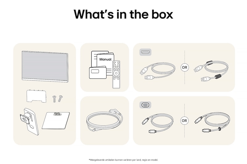 LG Monitor 37U730SA toont een overzicht van alle meegeleverde onderdelen, inclusief de monitorbehuizing, standaardonderdelen, handleiding, afstandsbediening en HDMI-, DP- en USB-C-kabels.