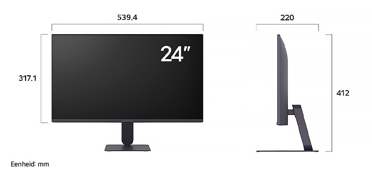 LG UltraGear™ Monitor 24G411A toont productafmetingen in voor- en zijprofiel, met een meting van 539.4 mm breedte, 317.1 mm displayhoogte, 412 mm totale hoogte en 220 mm diepte.