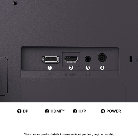 Achteraanzicht van de LG UltraGear™ Monitor 27G411A in Zwart, met de aansluitingssleuven, inclusief DisplayPort, HDMI™-poort en hoofdtelefoonuitgang (H/P).