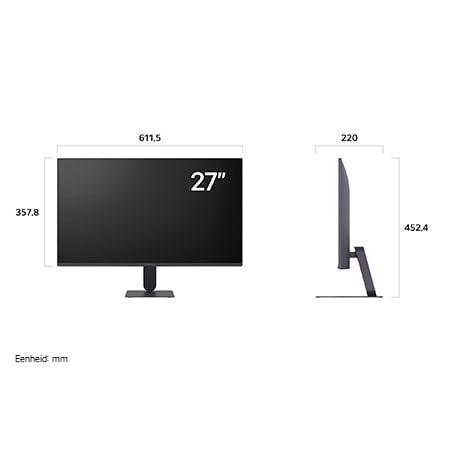 LG UltraGear™ Monitor 27G411A toont productafmetingen in voor- en zijprofiel, met een meting van 611.5 mm breedte, 357.8 mm displayhoogte, 452.4 mm totale hoogte en 220 mm diepte.