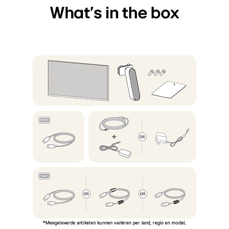 Alle meegeleverde onderdelen van de LG UltraGear™ Monitor 27G411A: Monitor, standaardonderdelen, handleiding, joystick-controller en diverse aansluitkabels.