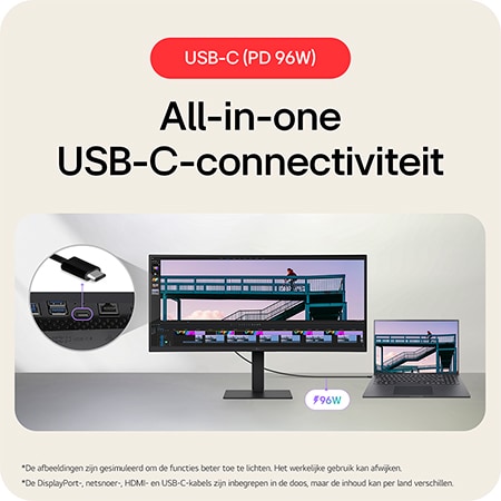 De LG UltraWide™ Monitor 34U650A biedt alles-in-één USB-C connectiviteit met 96W Power Delivery, waardoor data, video en opladen via één kabel mogelijk is.