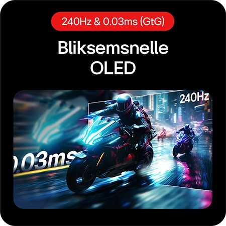 LG UltraGear Gaming Monitor 27GX704A, met een 240Hz verversingssnelheid en 0.03ms Gray-to-Gray responstijd voor bliksemsnelle OLED-prestaties.