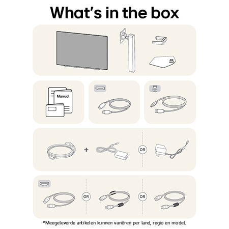 Diagram van de inbegrepen inhoud voor de LG UltraGear Gaming Monitor 27GX704A, met details over het monitorpaneel, standaardonderdelen en stroom- en signaalkabels (DisplayPort, HDMI, USB).