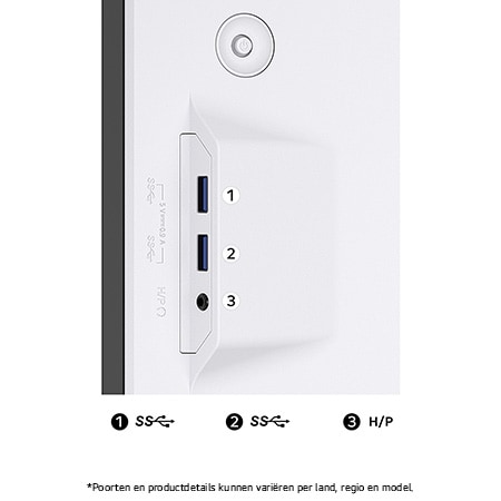 Zijpoortsectie van de LG UltraWide Monitor 49U950A in Wit, toont de gemakkelijk toegankelijke USB SuperSpeed downstream-poorten en de hoofdtelefoonaansluiting.