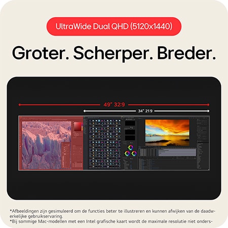 LG UltraWide Monitor 49U950A, met de uitgebreide 49-inch 32:9 UltraWide Dual QHD (5120x1440) resolutie voor verbeterde werkruimte en multitasking.